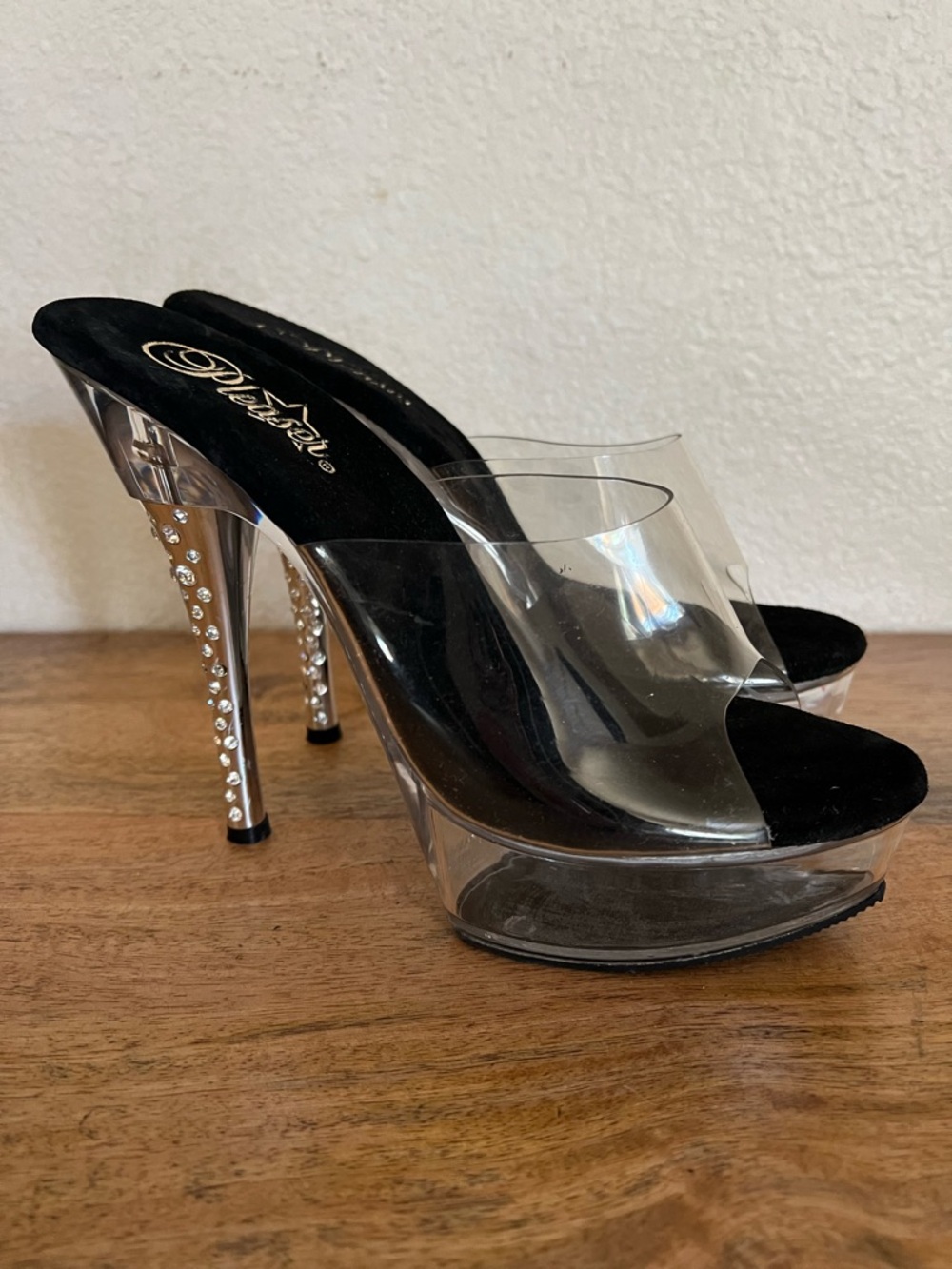 PLEASER Delight-601Platform Black Clear rhinestone Size 8